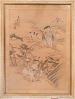 Peinture à l'encre et couleurs sur papier, représentant Zhoulao accompagné...