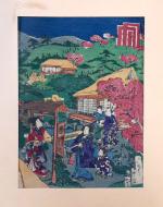 Trois estampes sur crépon, représentant des courtisanes et acteurs. 
Japon,...