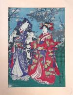 Trois estampes sur crépon, représentant des courtisanes et acteurs. 
Japon,...