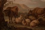 ECOLE HOLLANDAISE DU XVIIIE SIECLE
Vaches au repos
Toile
36,5 x48,5 cm. 
Usures	
RM