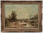 Théodore LEVIGNE (1848-1912).
Barque sur la rivière.
Huile sur toile.
Signé en bas...