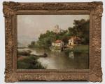 Théodore LEVIGNE (1848-1912).
Barque sur la rivière, (Albigny-sur-Saône ?)
Huile sur toile.
Signé...