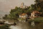 Théodore LEVIGNE (1848-1912).
Barque sur la rivière, (Albigny-sur-Saône ?)
Huile sur toile.
Signé...
