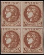 Timbre N°40B - Bloc de 4 timbres 2c brun-rouge report...