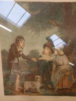 Gravure anglaise encadrée sous verre "Children believing a beggar boy"...