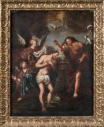 École vers 1700
Le baptême du Christ
Toile. 
72,5 x 58 cm
Usures....