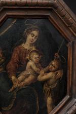 ECOLE FLAMANDE du XVIIème siècle. Sainte Famille avec saint Jean-Baptiste....