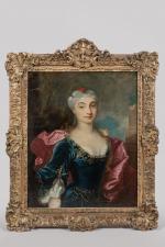 ECOLE FRANCAISE vers 1750. "Portrait de dame en robe bleue...