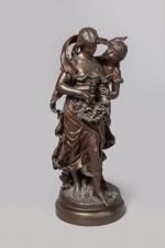 MOREAU. Femmes et corbeille de fleurs. Sculpture en bronze patiné,...