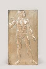 « L'athlète »
Plaque rectangulaire en bronze à patine dorée. Trace...