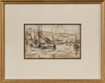 Paul SIGNAC (1863-1935).
Les thoniers à Concarneau.
Aquarelle sur papier quadrillé.
Signé des...