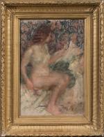 Joseph LAMBERTON ( 1867-1943).
Femme au miroir.
Huile sur carton.
Signé en bas...