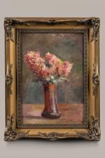 Sarah BERNHARDT (1844-1923).
Vase de fleurs.
Huile sur carton.	
Signé du cachet de...