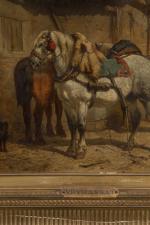 Jules-Jacques VEYRASSAT (1828-1893).
Chevaux de trait à l'écurie.
Huile sur panneau.
Signé en...
