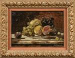 François VERNAY (1821-1896).
Pêches et raisins dans un plat.
Huile sur panneau.
Signé...