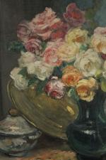 Jacques MARTIN (1844-1919).
Bouquet de roses et soupière.
Huile sur toile.
Signé en...