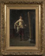 Charles-François PECRUS (1826-1907).
Mousquetaire devant un tableau.
Huile sur toile.
Signé en bas...