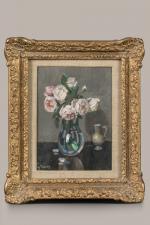 Jules-Alexandre GRÜN (1868-1934).
Roses dans un pot.
Huile sur carton.
Signé en bas...