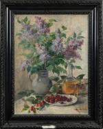 Gabrielle MILLIOUD-MELAY (1875-1931).
Lilas et assiette de cerises.
Huile sur toile.
Signé en...