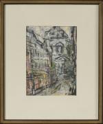 Erich SCHMID (1908-1984).
Coupole en ville.
Pastel gras sur papier.
Signé en bas...