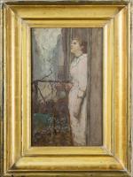 François Joseph GUIGUET (1860-1937). " Jeune fille arrosant ses fleurs,...