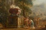 Attribué à Jean-Baptiste LALLEMAND
(1716-1803)
Personnages près du temple
Panneau préparé
18 x 25...