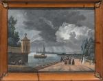 ECOLE SUISSE vers 1830. Promeneurs au bord du lac, ciel...