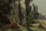 Alexandre NOZAL (1852-1929). 
Meules de foin près des arbres. 
Huile...
