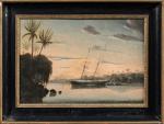 Chéri-François DUBREUIL (1828-c.1880). 
« Navire au soleil couchant ». 
Huile...