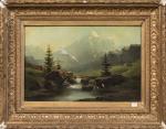 Leberecht LORTET (1828-1901). 
La rivière en montagne.
Huile sur toile.
Signé en...