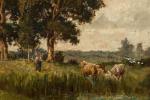 Ernest GUILLEMER (1839-1913).
Vachère et ses vaches. 
Huile sur panneau. 
Signé...