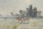 Clovis TERRAIRE (1858-1931). 
Troupeau de vaches, effet de soleil, 1900....