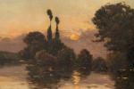 Jacques Henri DELPY (1877-1957).
Soleil couchant sur l'eau. 
Huile sur toile....