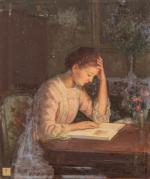 Henri-Charles ANGENIOL (1870-1959).
Marie-Antoinette Angéniol lisant.
Huile sur panneau.
Titré au dos.
46 x...