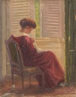 Henri-Charles ANGENIOL (1870-1959).
Marie-Antoinette cousant en robe rouge.
Huile sur toile.
46 x...