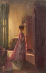 Henri-Charles ANGENIOL (1870-1959).
Femme en robe du soir devant la glace.
Huile...