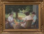 Henri-Charles ANGENIOL (1870-1959).
Trois femmes cousant dans le jardin.
Huile sur panneau.
31,5...