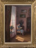 Henri-Charles ANGENIOL (1870-1959).
Femme lisant dans un intérieur rose près de...