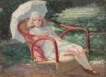 Henri Charles ANGENIOL (1870-1959).
Fillette à l'ombrelle assise dans le jardin.
Huile...