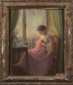 Henri-Charles ANGENIOL (1870-1959). 
Femme en robe rose cousant devant la...