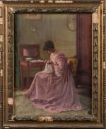 Henri-Charles ANGENIOL (1870-1959).
Femme en robe rose à la couture, 1913....