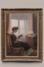 Henri-Charles ANGENIOL (1870-1959).
Femme lisant devant la fenêtre.
Huile sur panneau.
61,5 x...