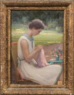 Henri-Charles ANGENIOL (1870-1959).
Madame Angéniol reprisant dans le jardin.
Huile sur panneau.
Signé...