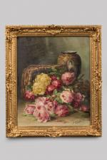 Blanche EGLENE-SURIEUX (1884-1944), 
Panier de roses renversé et vase en...