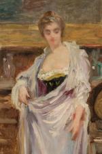 Jacques MARTIN (1844-1919). 
Femme dans l'atelier. 
Huile sur toile. 
Signé...