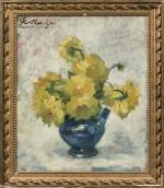 Jacques MARTIN (1844-1919). 
Fleurs jaunes dans un vase bleu. 
Huile...