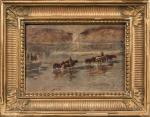 Dans le goût d'Eugène BOUDIN (1824-1898).
Chevaux trainant une barge.
Huile sur...