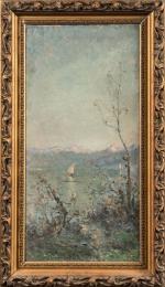 Emile NOIROT (1853-1924).
Sur le lac du Bourget, 1911.
Huile sur toile.
Signé...