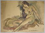 Pierre COMBET-DESCOMBES (1885-1966). 
Femme nue assise dans l'atelier. 
Aquarelle sur...