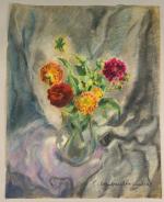 Pierre COMBET-DESCOMBES (1885-1966). 
Zinnias dans un pichet en verre. 
Pastel...